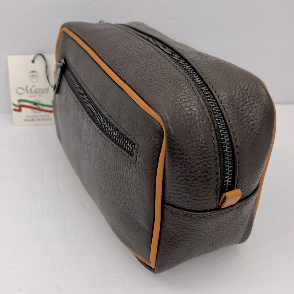 MASSEI, GENUINE LEATHER, MADE IN ITALY, MEN’S TOILETRY BAG,HAND MADE BROWN & TAN - Picture 3 of 16